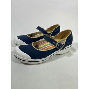 Dansko Vegan Canvas Mary Jane Clogs Women 10.5 Navy W/White Toe Cap Nursing Work